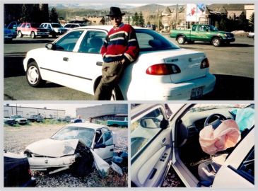 Photograph of my Toyota Corolla car accident that happened on September 08, 2002, in Salt Lake City, USA. I was driving to attend a lunch with some of my colleagues. But a nagging headache kept troubling me. I took a painkiller after lunch and got ready to drive back. After fifteen minutes of driving, I dozed off for a few seconds. My foot was on the accelerator and the speed was 80 miles per hour. The next thing I knew, my car had crashed into a pole on the roadside and then into a tree. The airbag flung open and I noticed an unusual smell in the cabin. My car was badly damaged but I did not have even a scratch. I was wearing my seatbelt and by the grace of God, I did not have a scratch. I was resolved to have safe driving, a seatbelt, and sound sleep in life after this accident.